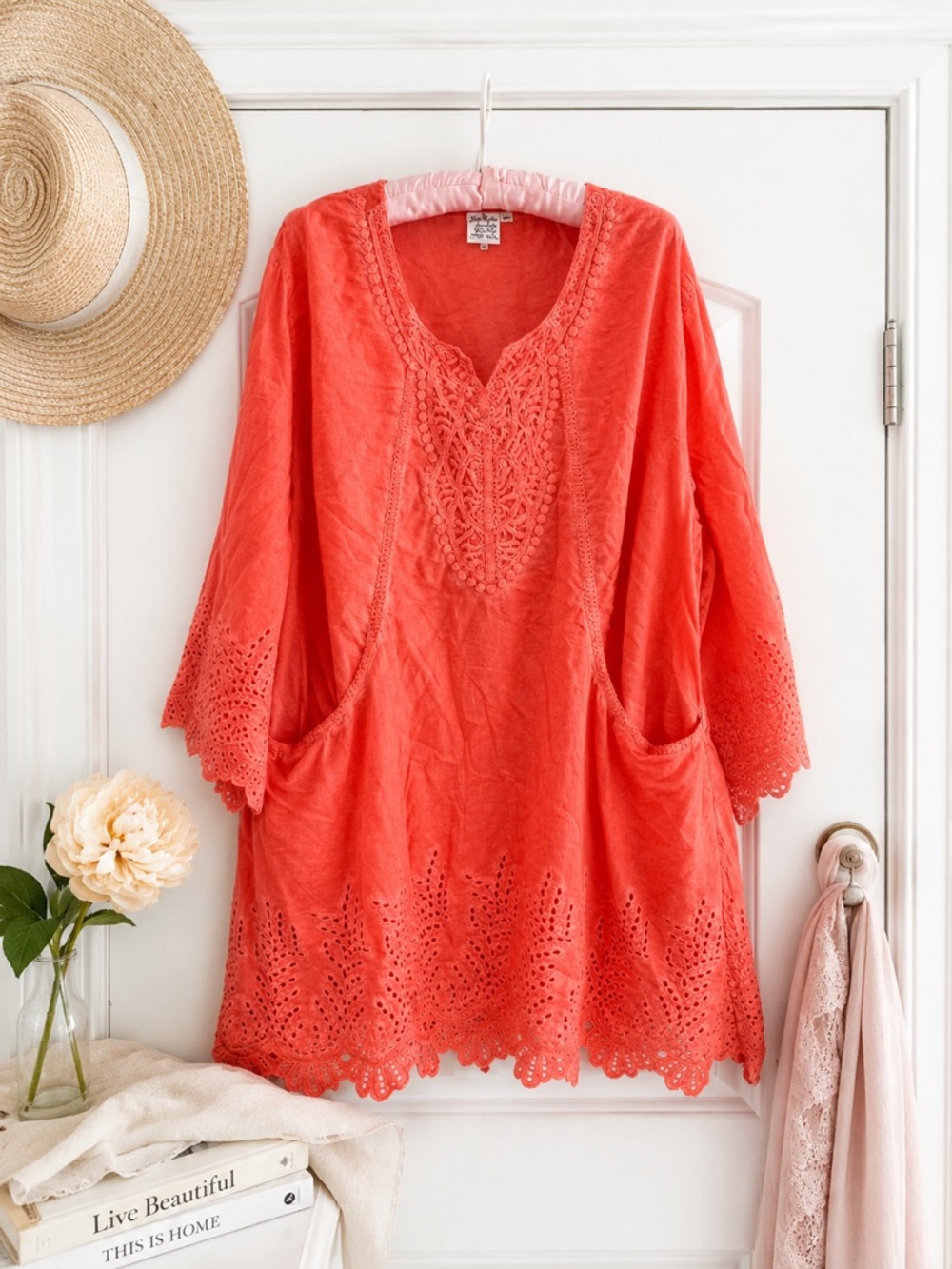 Parsley & Sage 2X Coral 100% Cotton Embroidered Eyelet Tunic Top Pockets